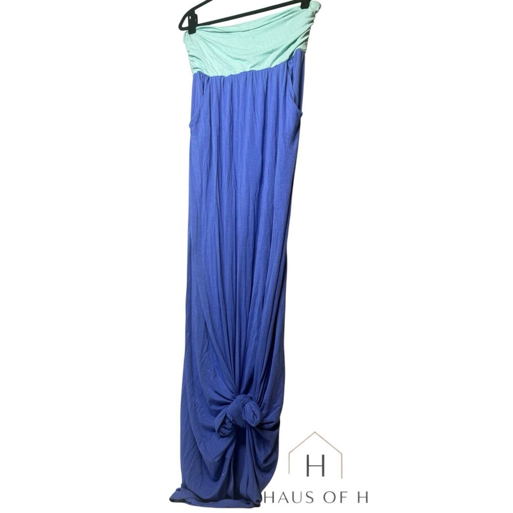 Boho Teal and Periwinkle Blue maxi dress strapless summer vacation cruise Size S